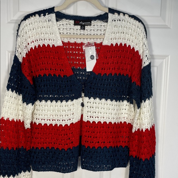 33 Degrees Americana Crochet Striped Cardigan Small Long Flare Sleeve V Neck - Picture 5 of 12